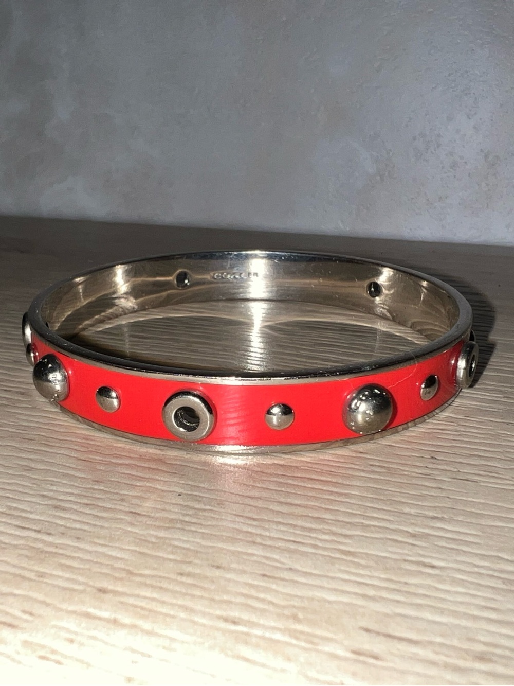 Coach Coral Red Enamel Studded Slip-On Bangle Bracelet Silver Tone